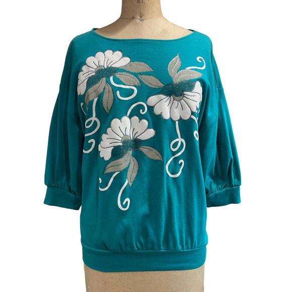 Vintage K.T. Sports Womens Casual Shirt Top Green Floral 3/4 Sleeve S - Picture 1 of 7